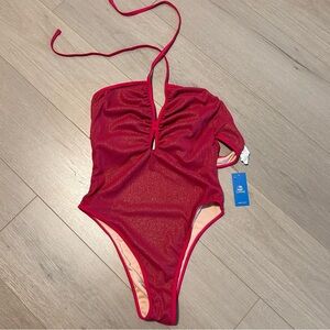 Cupshe Shimmer One Piece Swimsuit L – Red Halter Textured NWT